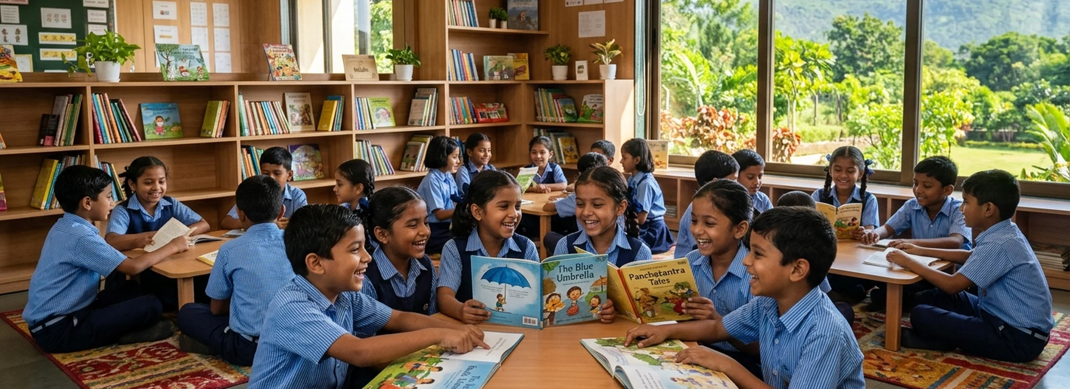 Young Indian school children reading together in bright library