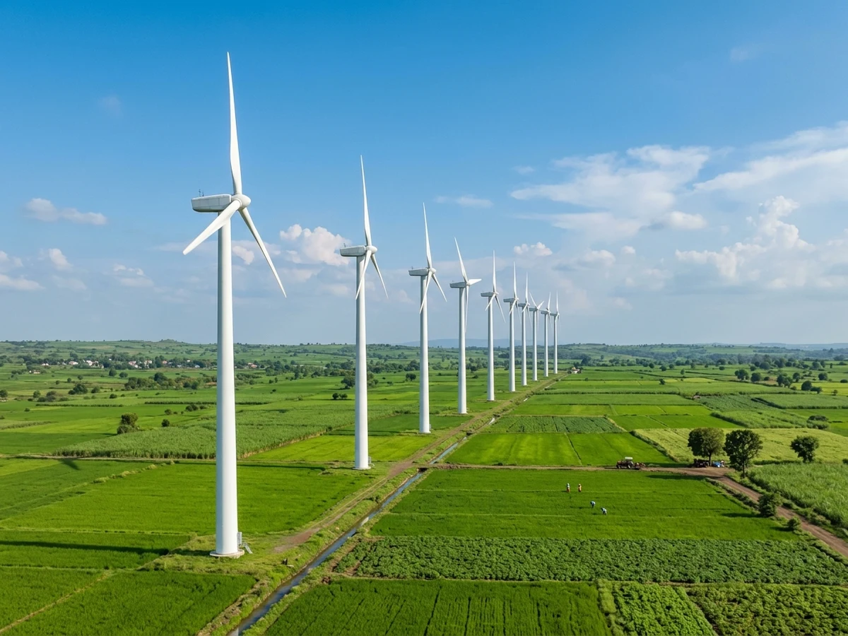 Modern clean wind turbines across lush green farmland